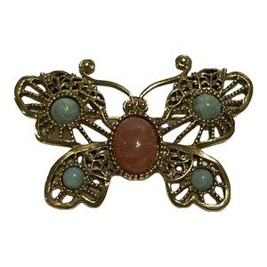 unbranded open work gold tone butterfly pin brooch Pink Blue Accent Rhinestones